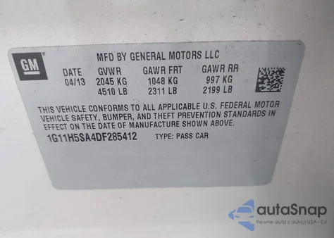 2013 Chevrolet Malibu 1Lz from USA, damaged, VIN 1G11H5SA4DF285412